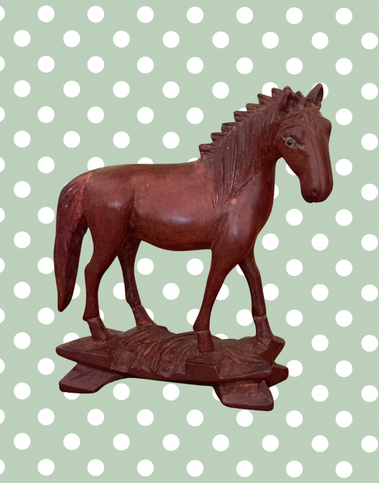 Small Chinese Red Boxwood Horse Figurine with Glass Eyes | Hand-Carved Vintage Collectable