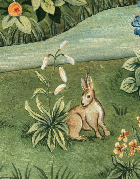 Close up detail of rabbit and flowers next to a woodland brook from William Morris 'Owl and Willow' Vintage Wallpaper Design