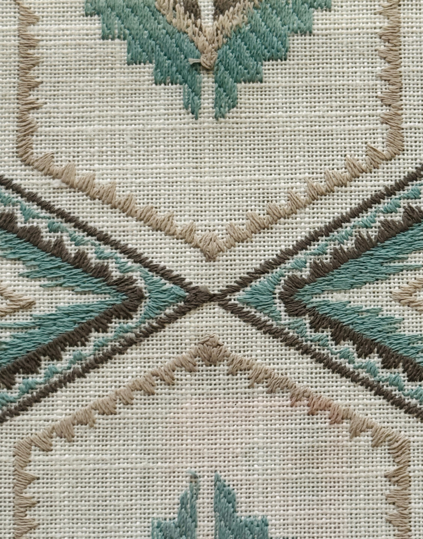 Close-up of embroidered fabric with geometric pattern