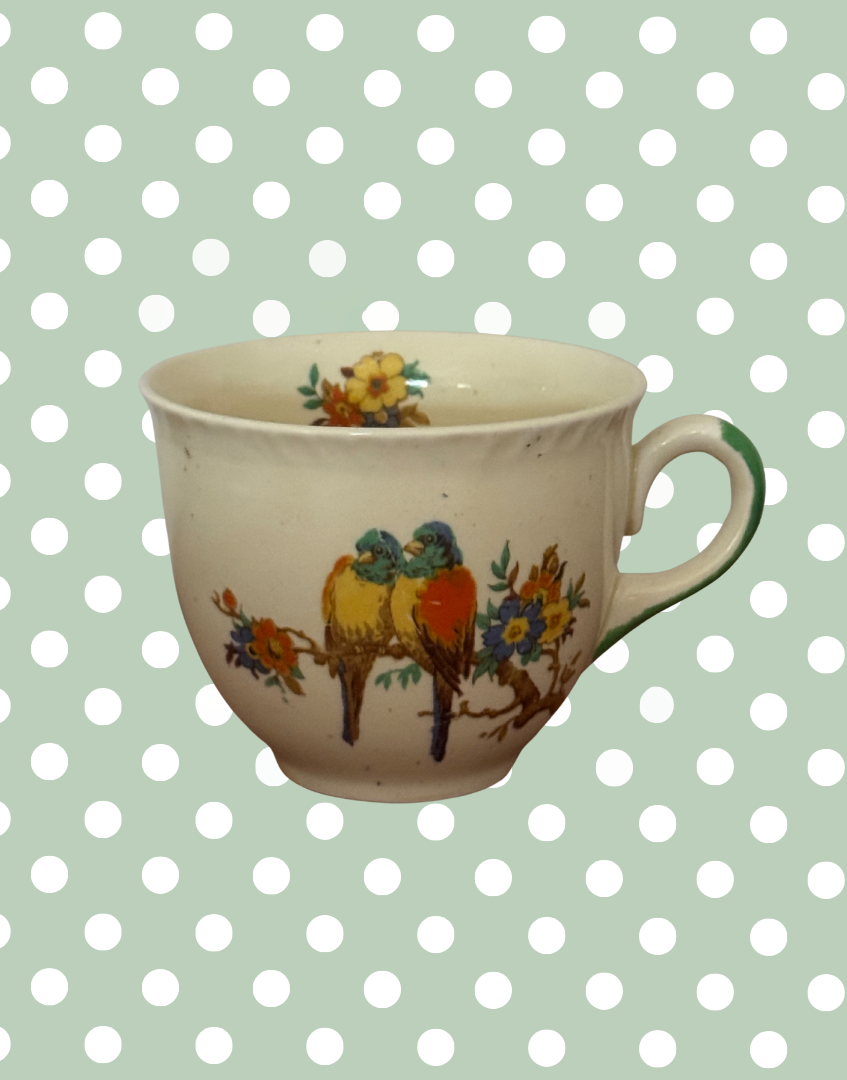 Early Art Deco Staffordshire Knot Breakfast Set | Parrot & Floral 5-Piece 1930s Tea Trio with Bowls