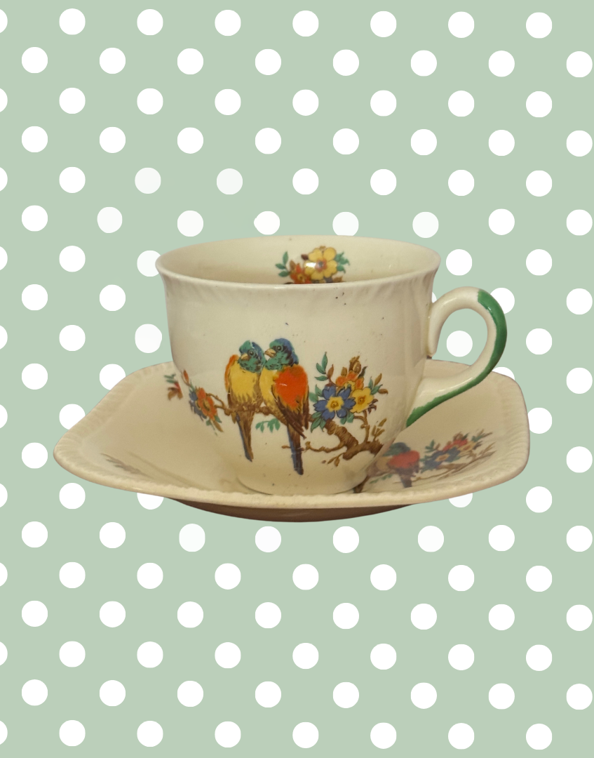 Early Art Deco Staffordshire Knot Breakfast Set | Parrot & Floral 5-Piece 1930s Tea Trio with Bowls