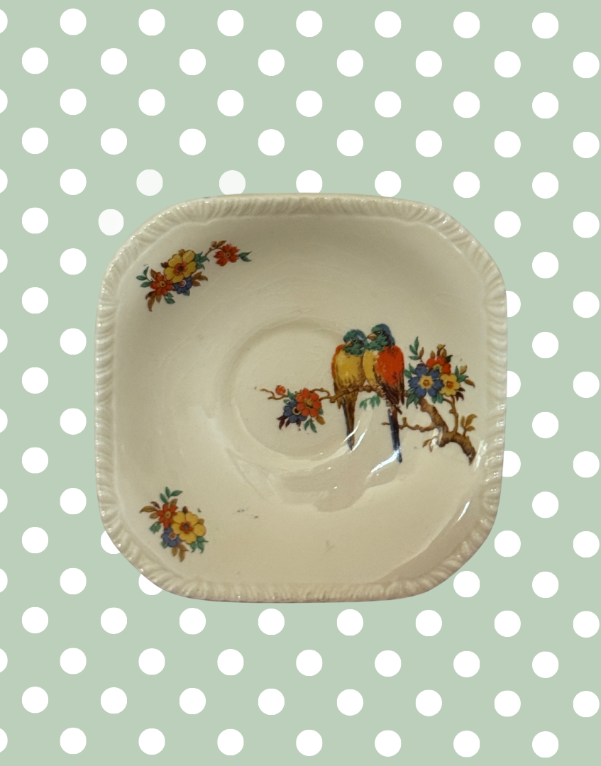 Early Art Deco Staffordshire Knot Breakfast Set | Parrot & Floral 5-Piece 1930s Tea Trio with Bowls