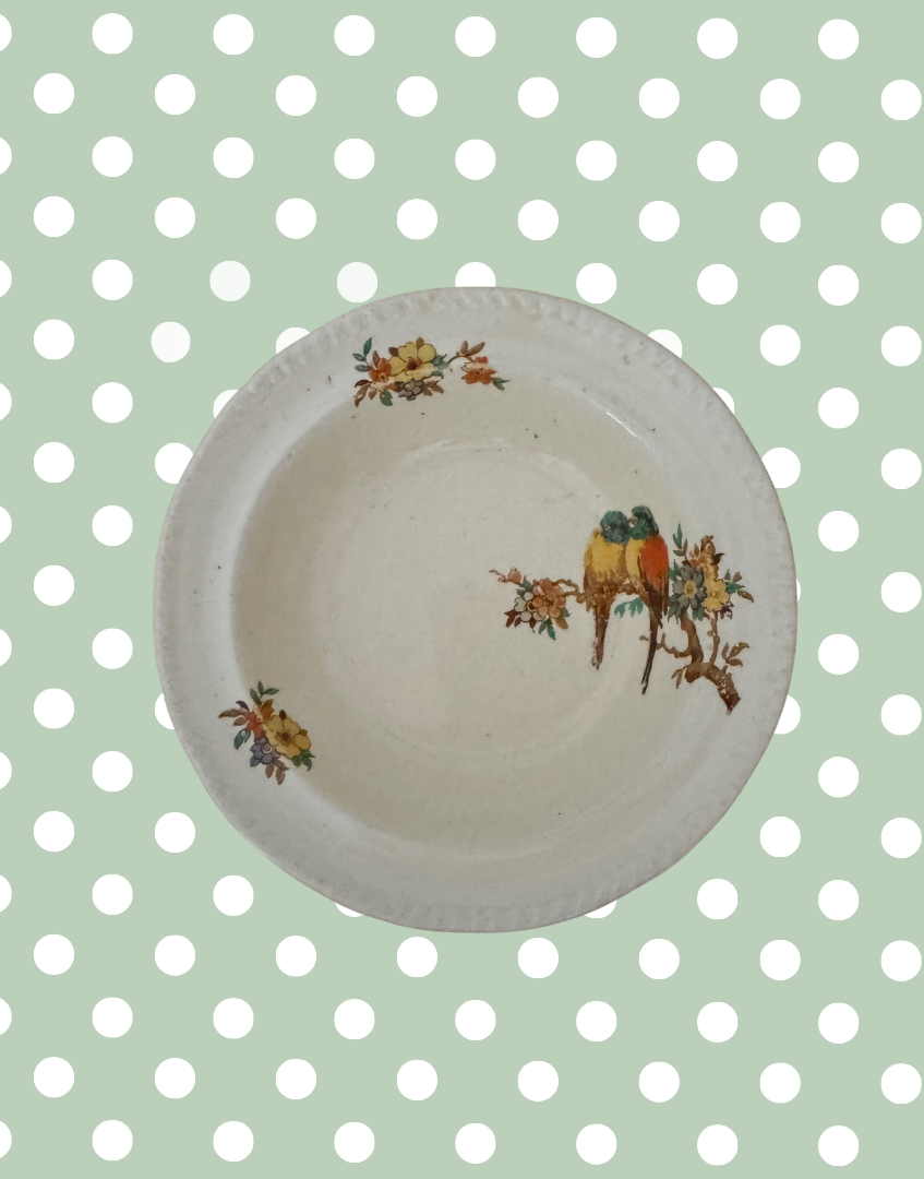 Early Art Deco Staffordshire Knot Breakfast Set | Parrot & Floral 5-Piece 1930s Tea Trio with Bowls