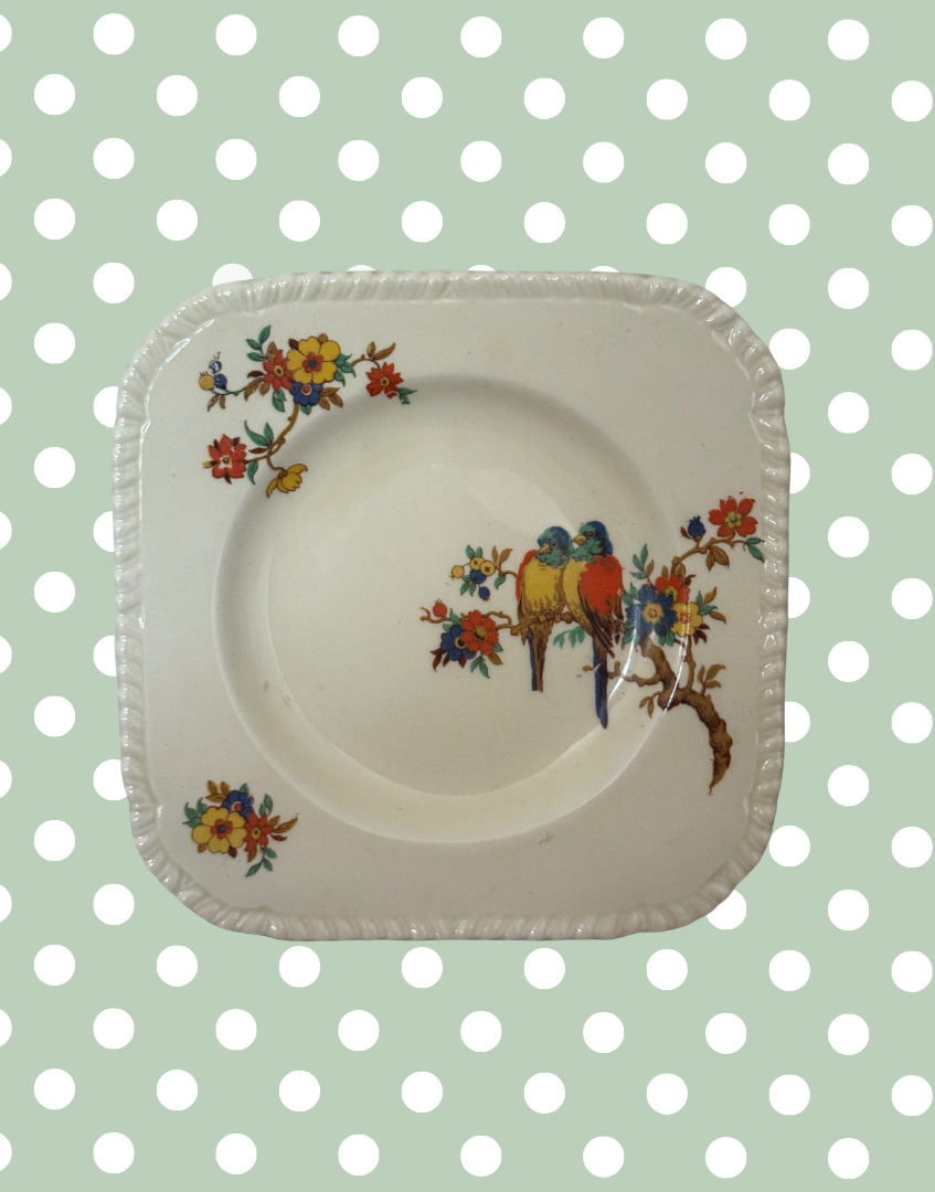 Early Art Deco Staffordshire Knot Breakfast Set | Parrot & Floral 5-Piece 1930s Tea Trio with Bowls