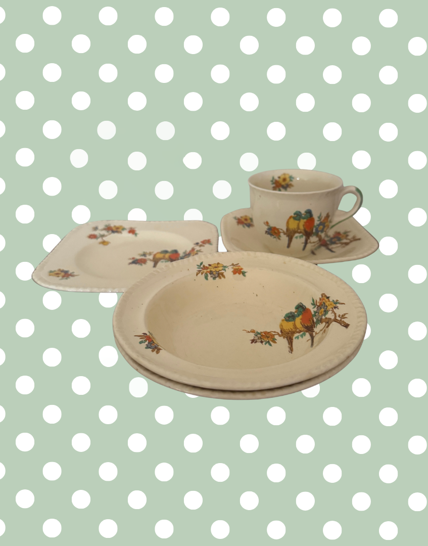 Early Art Deco Staffordshire Knot Breakfast Set | Parrot & Floral 5-Piece 1930s Tea Trio with Bowls