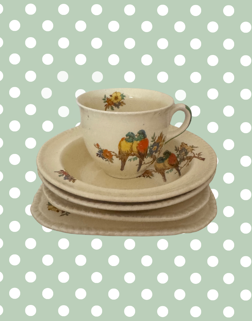 Early Art Deco Staffordshire Knot Breakfast Set | Parrot & Floral 5-Piece 1930s Tea Trio with Bowls