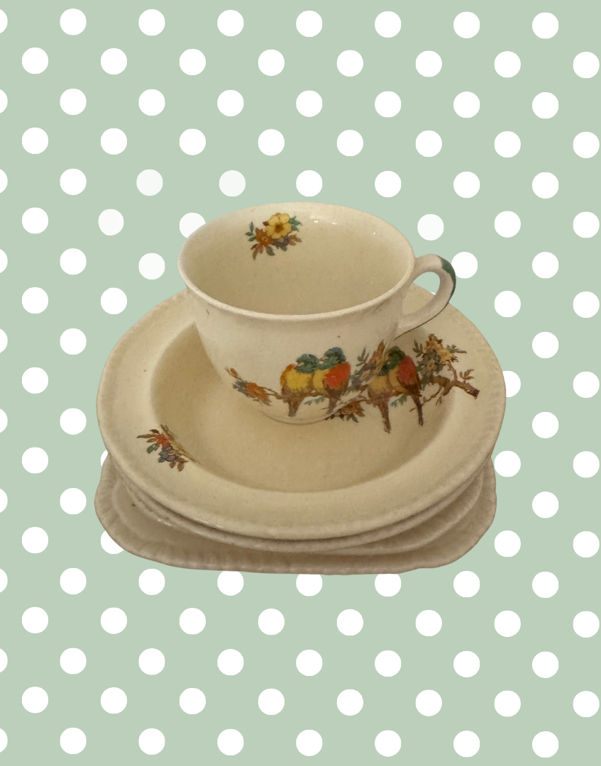 Early Art Deco Staffordshire Knot Breakfast Set | Parrot & Floral 5-Piece 1930s Tea Trio with Bowls