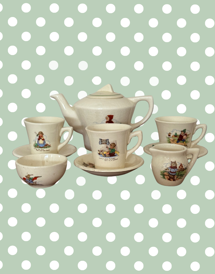 Children’s Nursery Rhyme Illustrated Art Deco Miniature Tea Set 1940s 