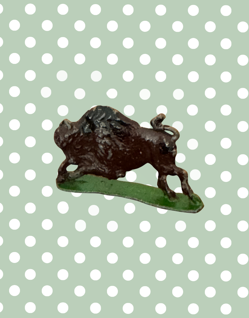 Expressive Britains Ltd Zoo Buffalo Lead Toy | 1950s Miniature Flat Silhouette Figurine on Green Stand