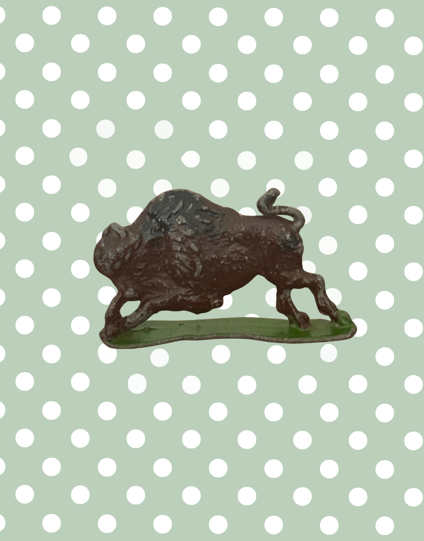 Expressive Britains Ltd Zoo Buffalo Lead Toy | 1950s Miniature Flat Silhouette Figurine on Green Stand