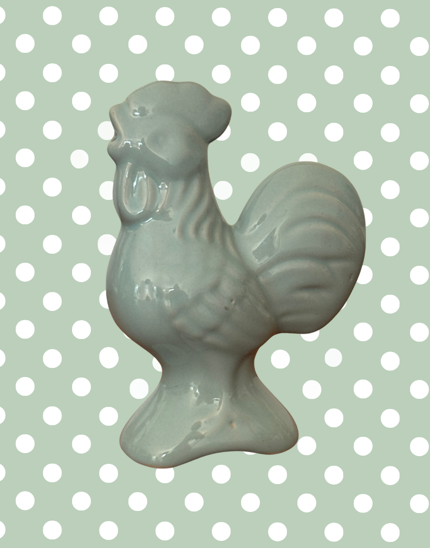 Side view of pastel blue cockerel pie vent
