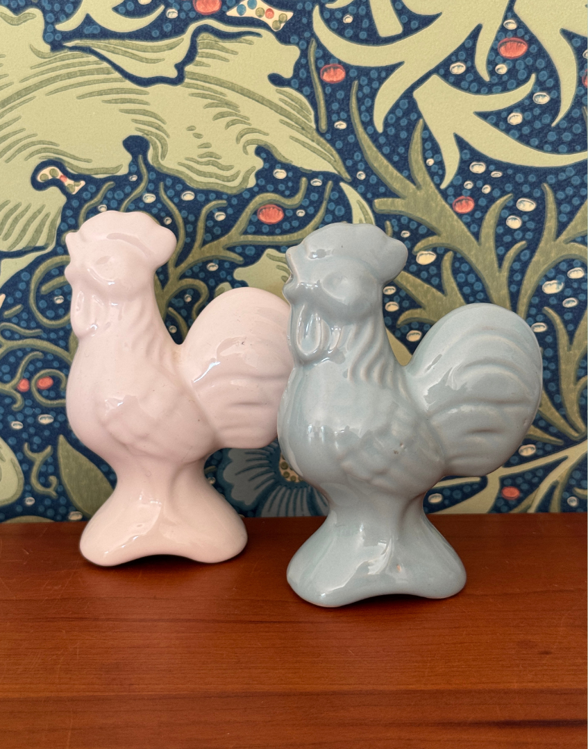 Paie of matching  white and blue rooster vintage pie birds