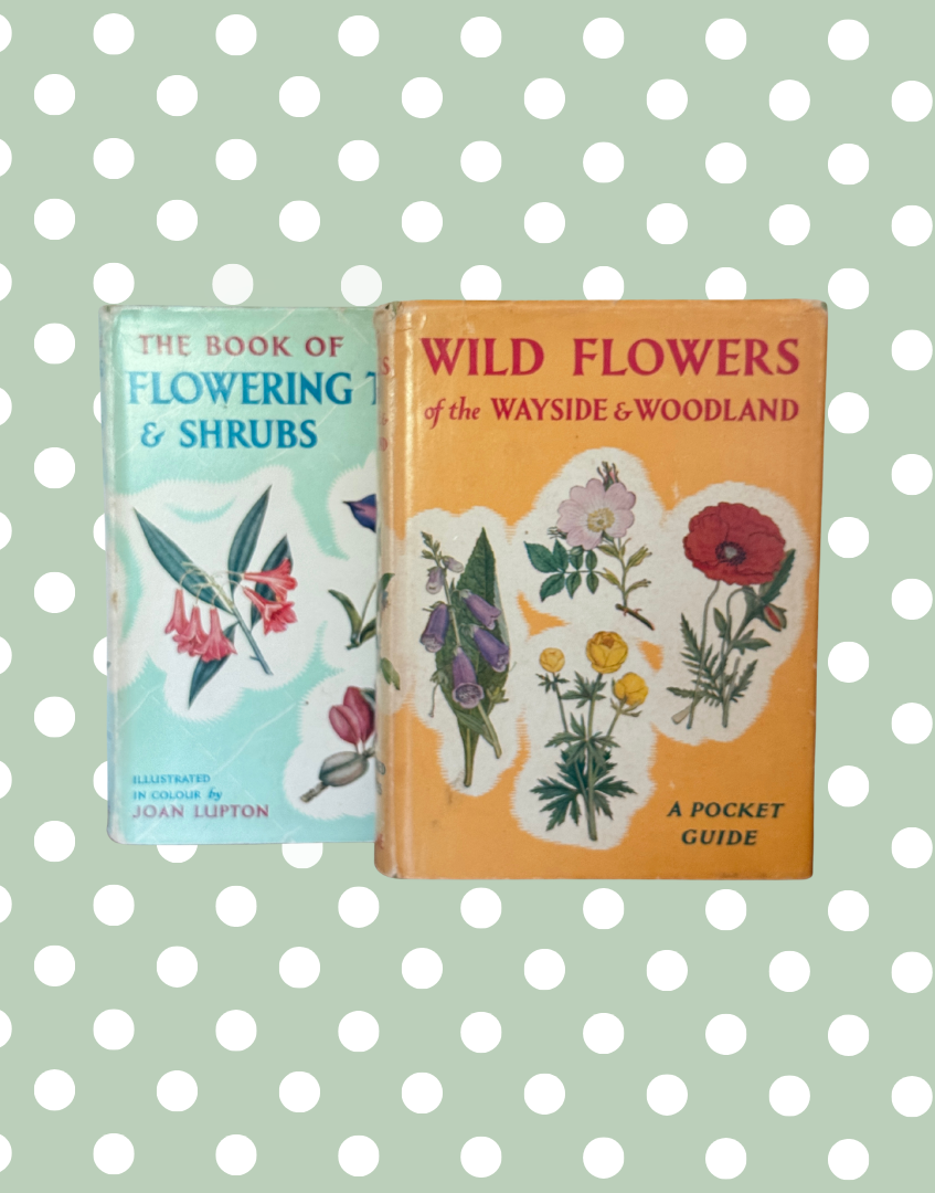 Two vintage books one titled 'The Book of Flowering Shrubs' and the other 'Wild Flowers of the Wayside & Woodland'.