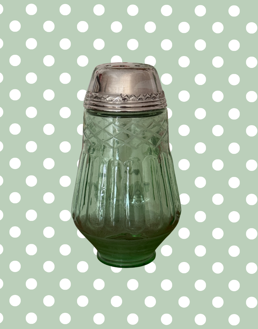 Highly Collectable Vintage Green Glass Sugar Shaker – Pretty Jeweled Decorative Design