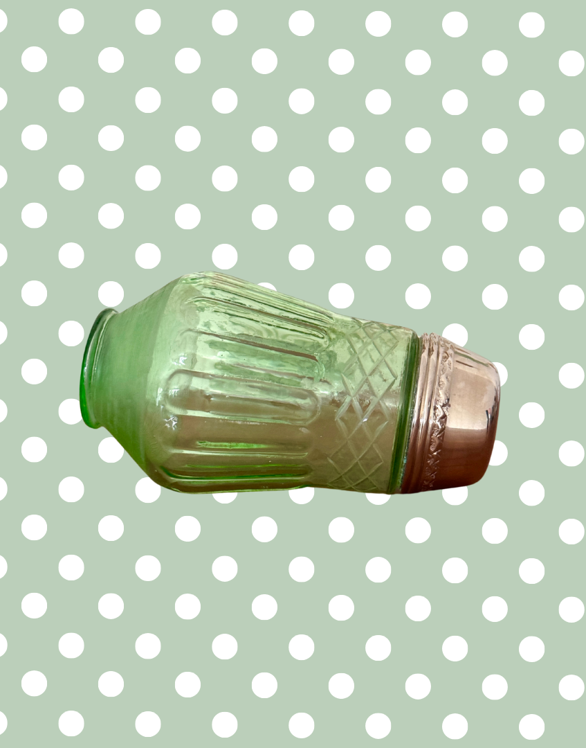 Highly Collectable Vintage Green Glass Sugar Shaker – Pretty Jeweled Decorative Design
