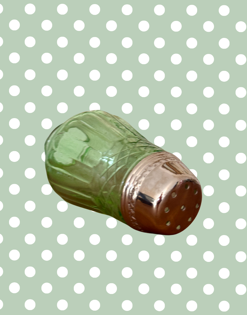 Highly Collectable Vintage Green Glass Sugar Shaker – Pretty Jeweled Decorative Design