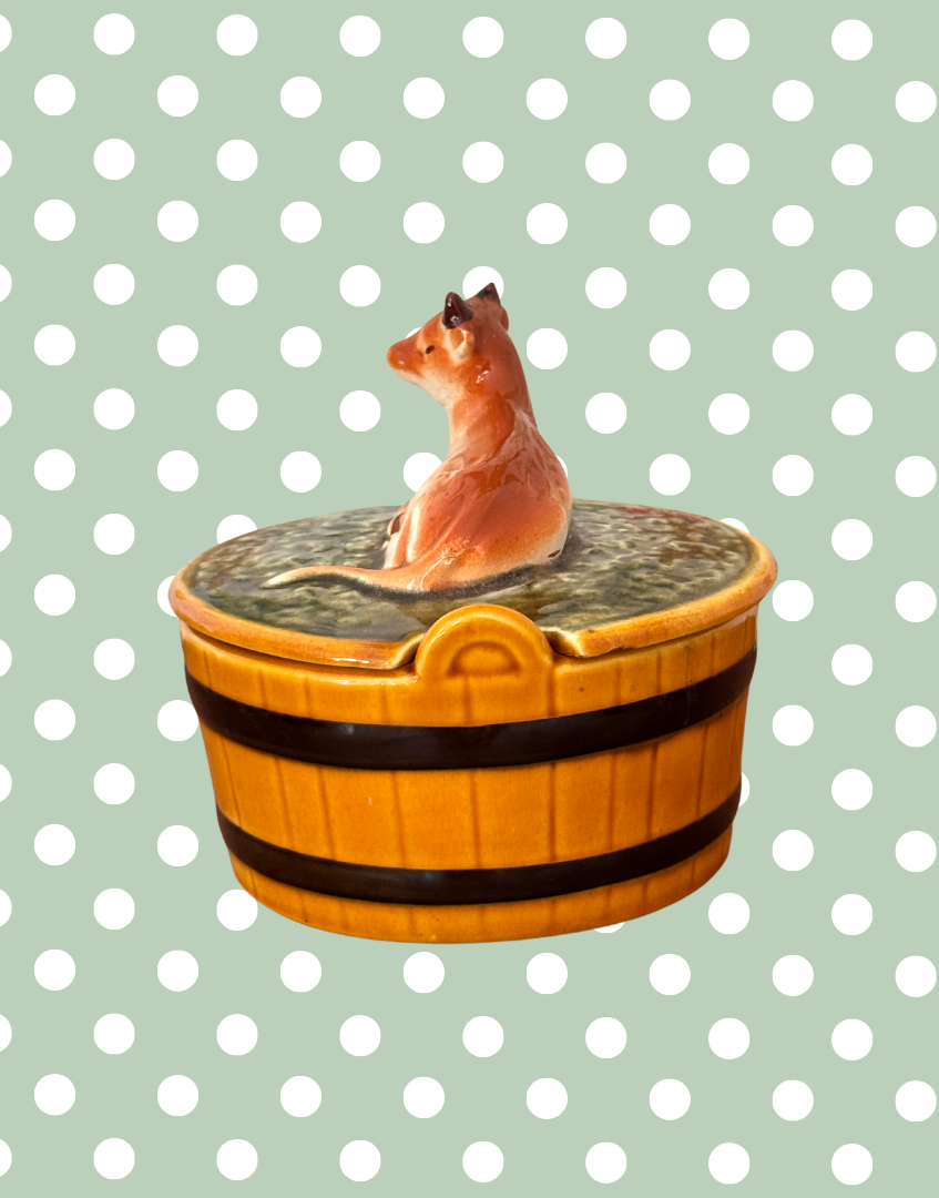 Rare Vintage Majolica Cow Butter Dish | Portuguese Rustic Ceramic Kitchenalia