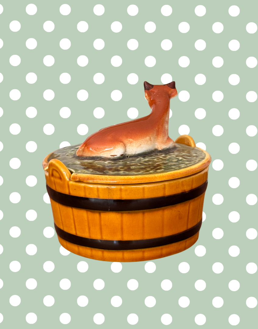 Rare Vintage Majolica Cow Butter Dish | Portuguese Rustic Ceramic Kitchenalia