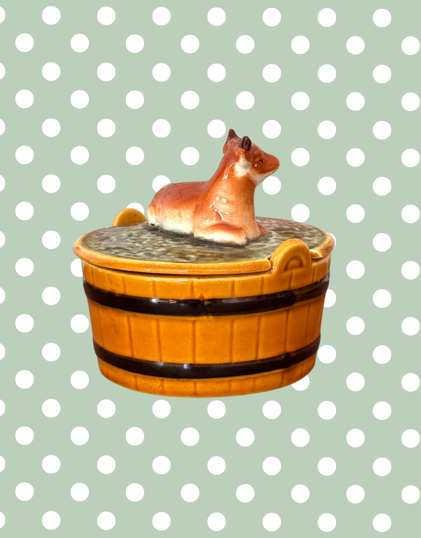 Rare Vintage Majolica Cow Butter Dish | Portuguese Rustic Ceramic Kitchenalia