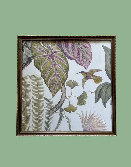 Sanderson 'Bird of Paradise & Orchid' | Tropical Bohemian Hummingbird Print in Vintage Decorative Gold Frame