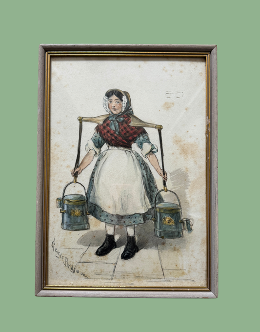 George Brant Bridgman Antique Watercolour Study | Traditional Dress Woman Carrying Water Pails Original Artwork c.1920s