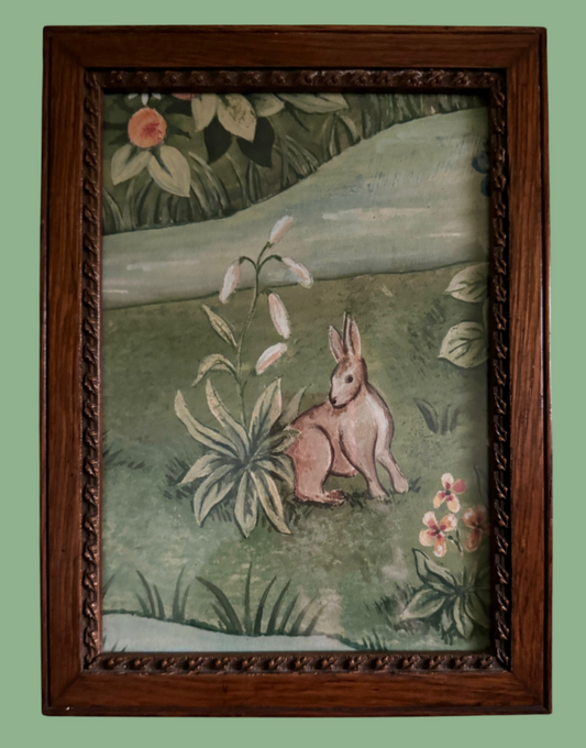 William Morris Framed Print Sourced from Morris & Co. Archive Wallpaper Sample Book in Unique Antique Wood Frame - Owl and Willow (Rabbit/ Fruit)