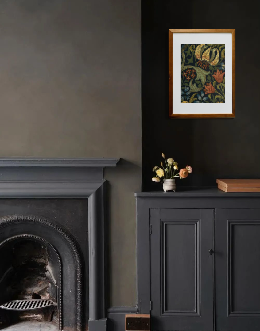 dark and moody grey interior with william morris framed print of golden lily