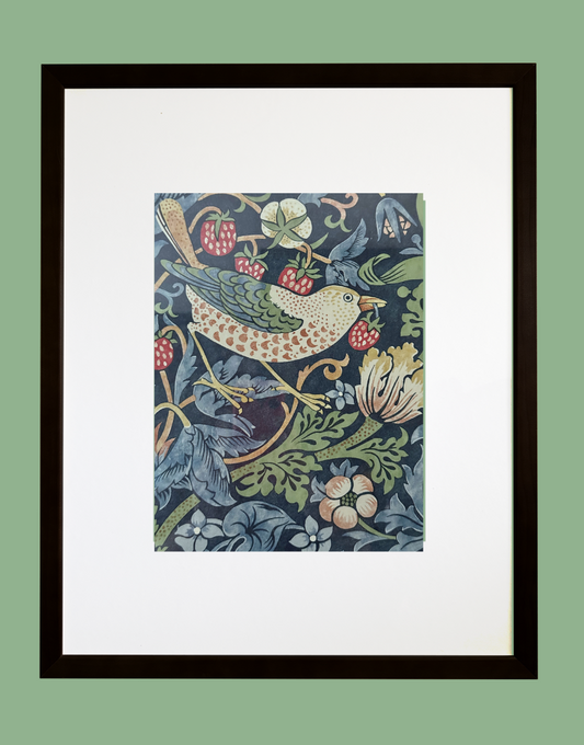 William Morris Framed Print Sourced from Morris & Co. Archive Wallpaper Sample Book - 'Strawberry Thief' (Indigo/Mineral)