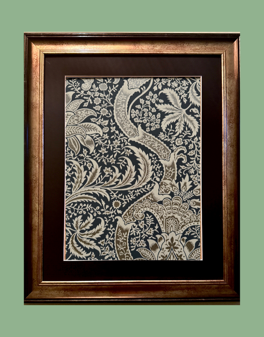 William Morris Framed Print - ‘Indian’ Charcoal & Nickel Design, Original Vintage Sample from the Dark Botanicals Wall Art Collection