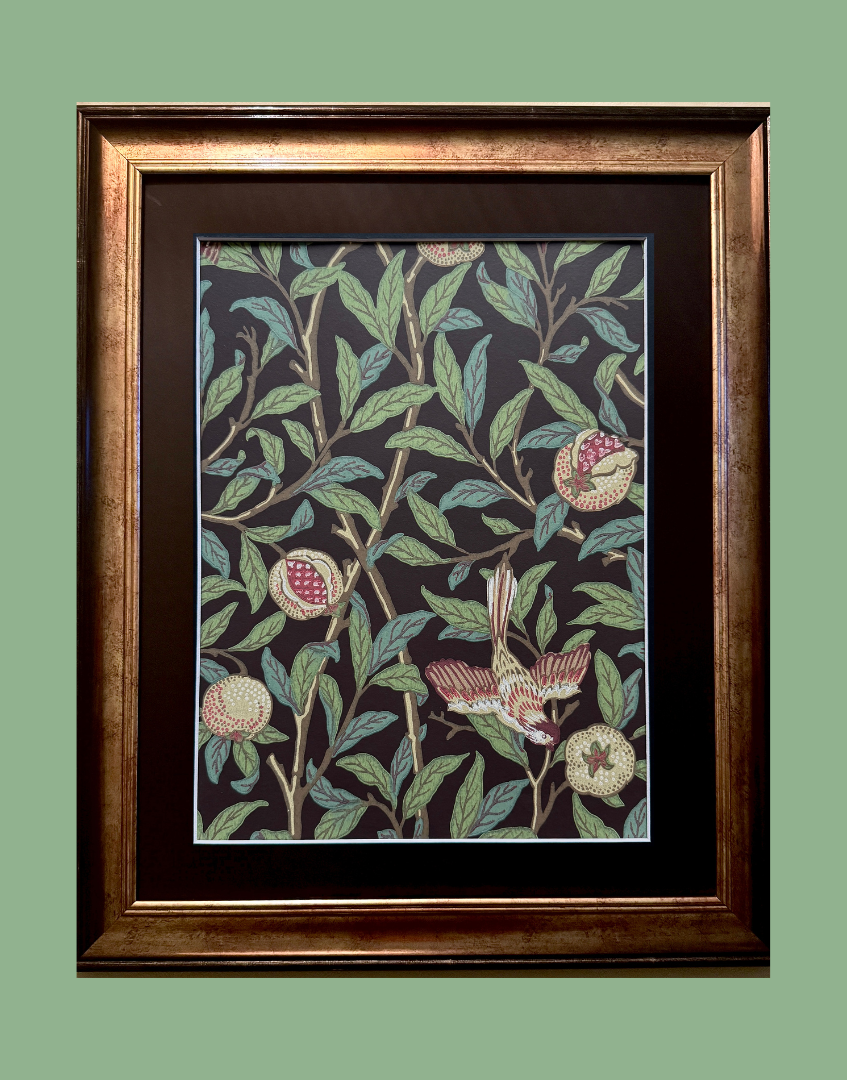 William Morris Framed Print - ‘Bird & Pomegrante’ Charcoal & Sage Design, Original Vintage Sample from the Dark Botanicals Wall Art Collection