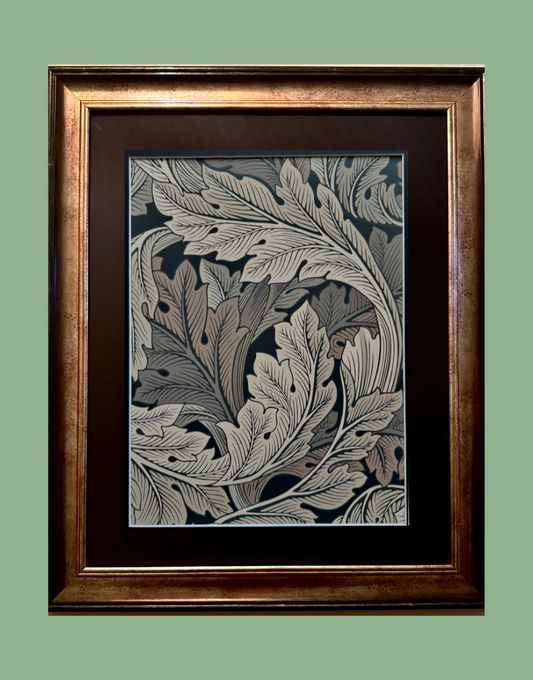 William Morris Framed Print - ‘Acanthus’ Charcoal & Grey Design, Original Vintage Sample from the Dark Botanicals Wall Art Collection