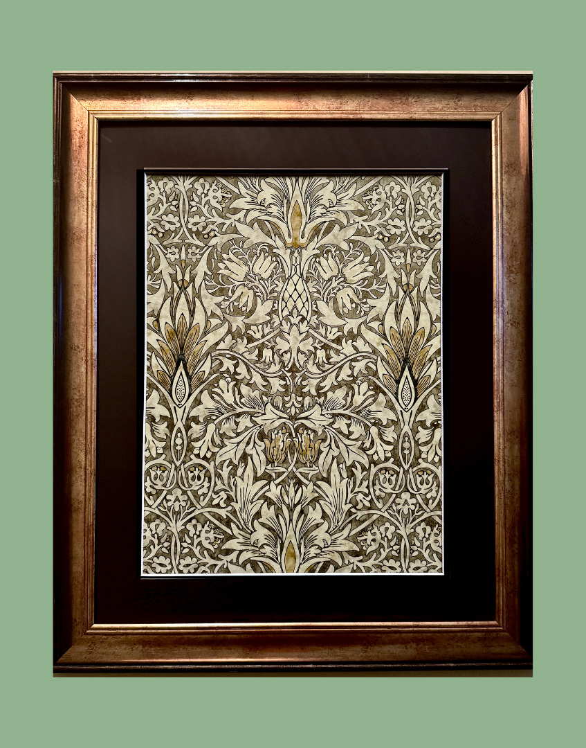 William Morris Framed Print - ‘Snakeshead’ Stone & Cream Design, Original Vintage Sample from the Dark Botanicals Wall Art Collection