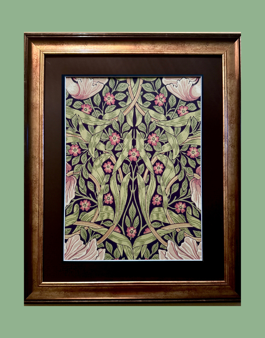 William Morris Framed Print – ‘Pimpernel’ Aubergine & Olive Design, Original Vintage Sample from the Dark Botanicals Wall Art Collection