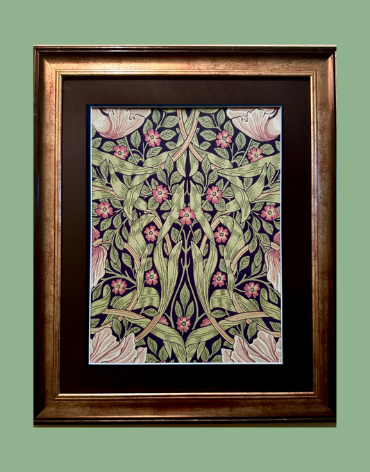 William Morris Framed Print – ‘Pimpernel’ Aubergine & Olive Design, Original Vintage Sample from the Dark Botanicals Wall Art Collection