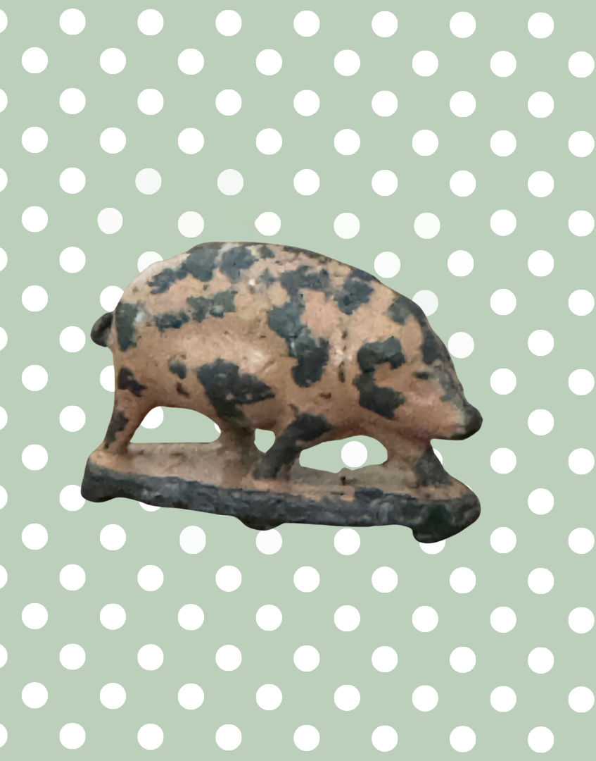 Miniature Pink Patina Patched Pig on Stand | Britains Ltd Vintage Lead Toy (1920s