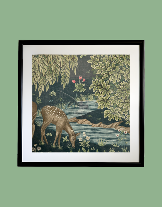 William Morris Wall Art Custom Framed Linen Print Sourced from Morris & Co. Archive Wallpaper Sample Book - The Brook (Deer)