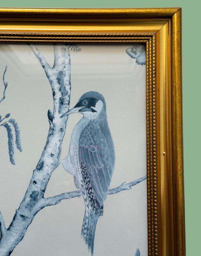 Framed artwork of a bird on a branch with a gold frame.
