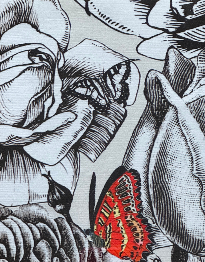 Close-up of a detailed textile illustration with a butterfly and anatomical elements.