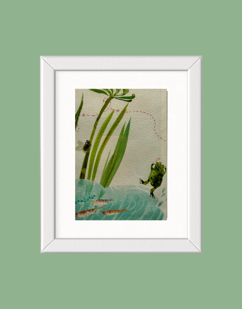 Framed children’s unique wall art from Villa Nova Picturebook fabric collection - Duck Pond (Frog)