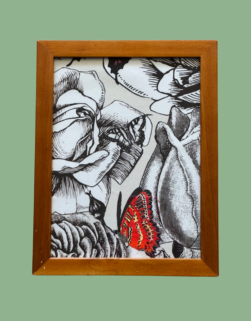 Butterfly Tattoo full front framed textile artwork black white floral design