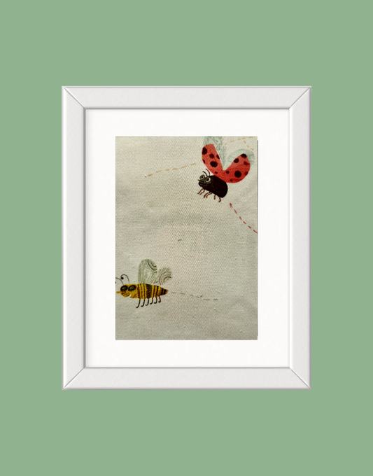 Framed children’s unique wall art from Villa Nova Picturebook fabric collection -  Buzzing Around