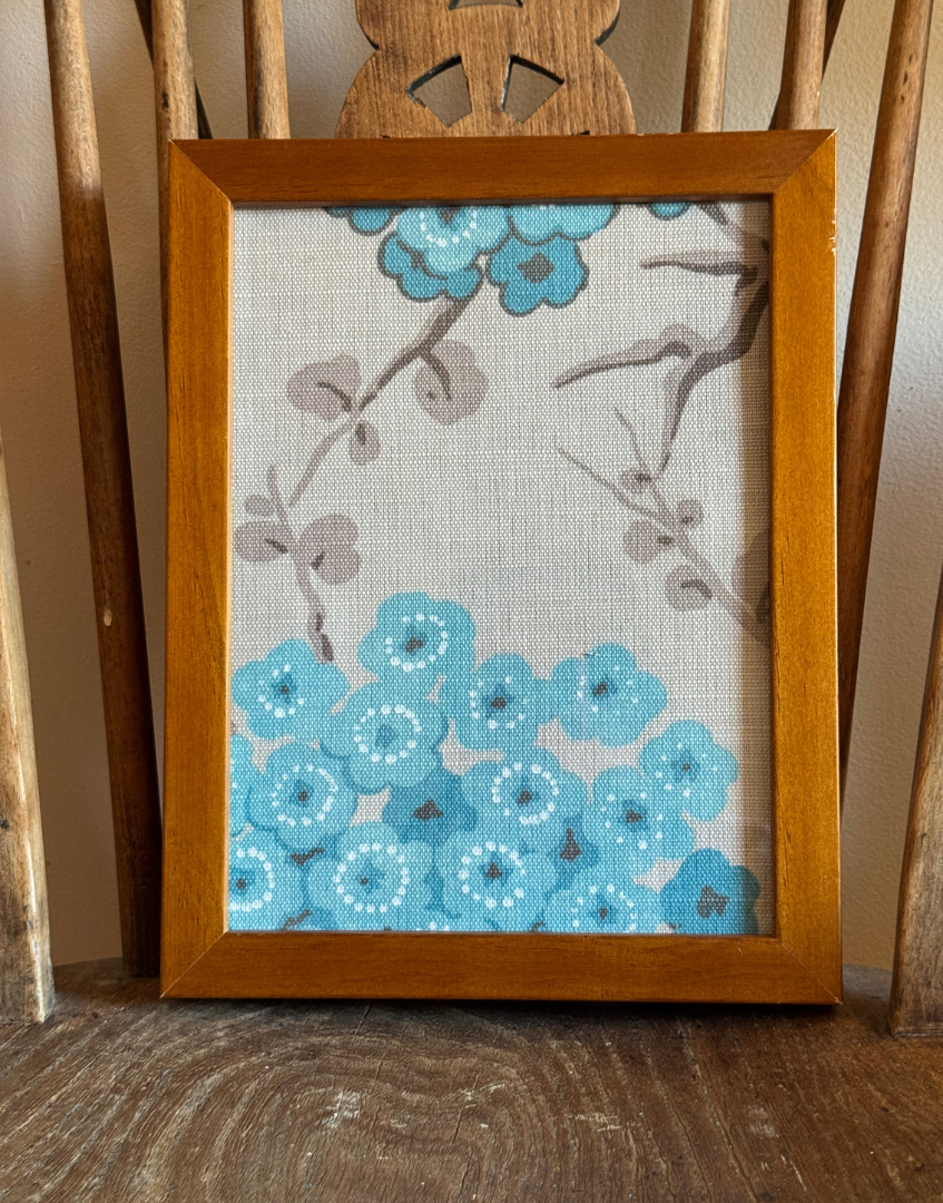 Vintage brown wood blue floral framed textile art on antique wood chair seat