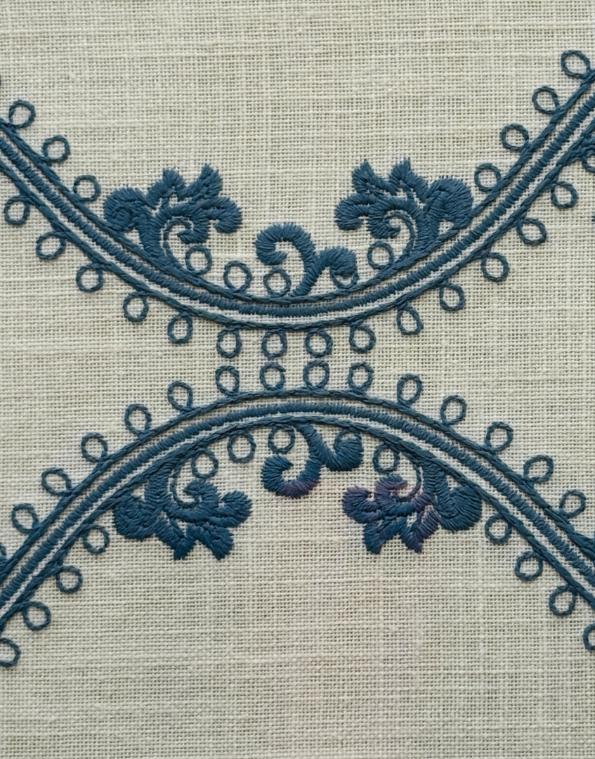 Close up blue embroidery detail Greek Lunch framed art