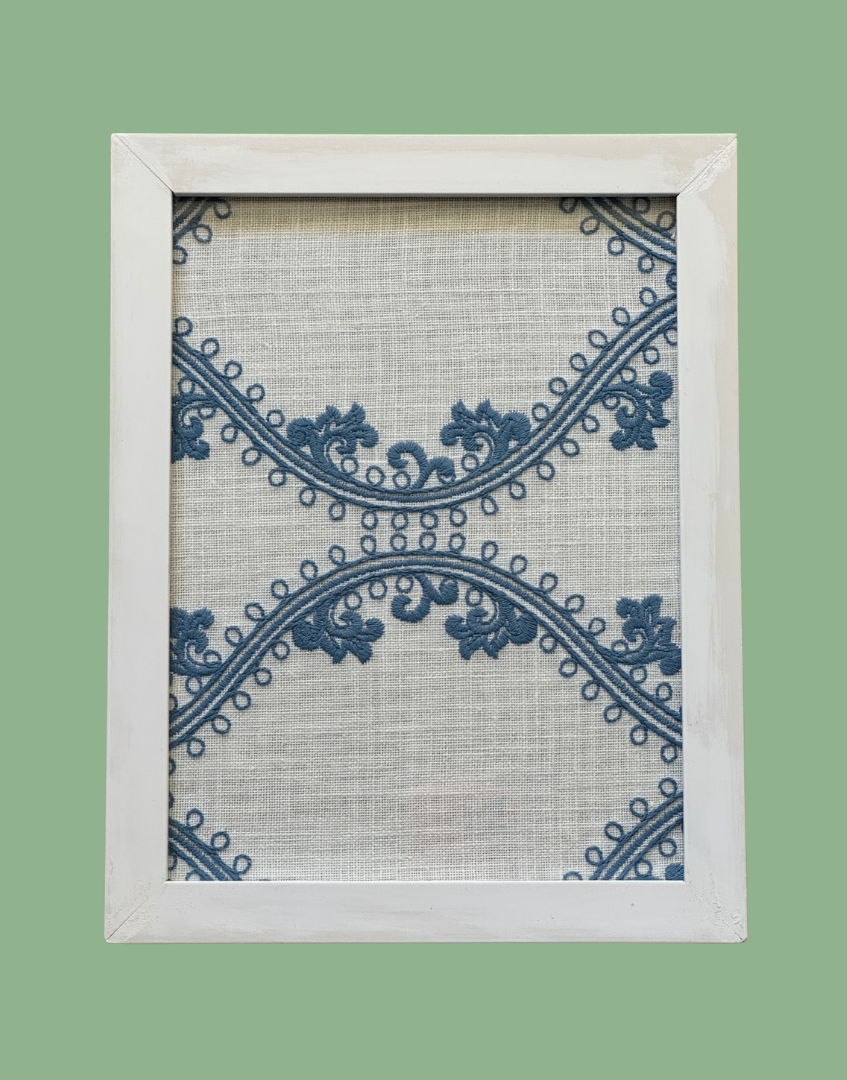 Greek Lunch full front blue and white framed textile artwork