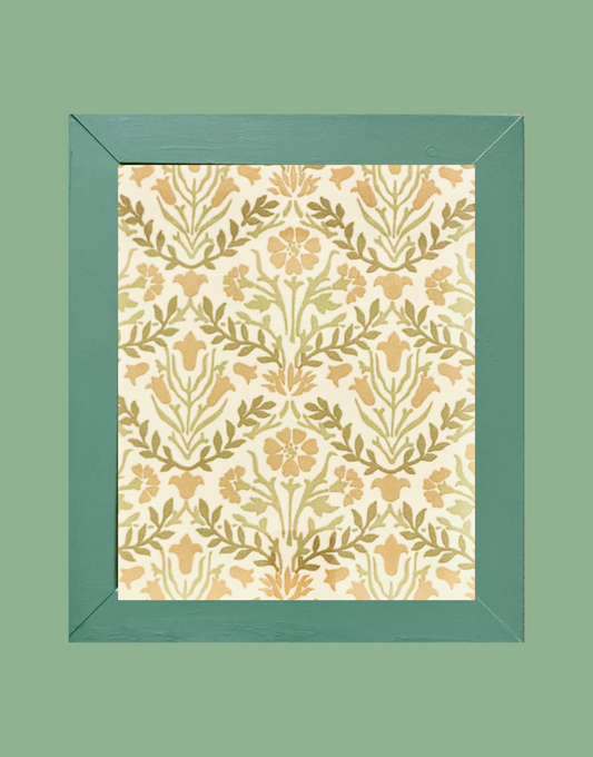 William Morris Wall Art Framed Print Sourced from Morris & Co. Archive Wallpaper Sample Book in Vintage Hand Painted Wood Frame -  'Bellflowers' Saffron/Olive