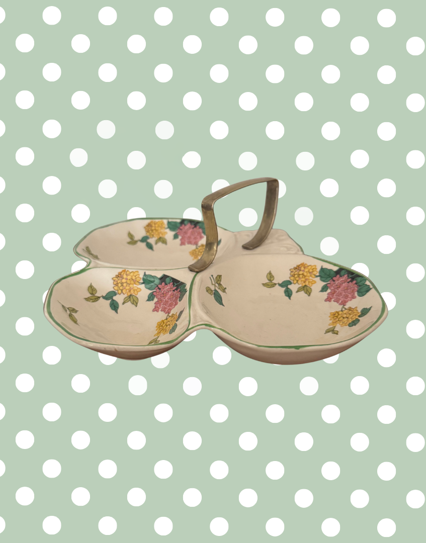 Flosmaron England Vintage Three-Section Floral Serving Dish | Pretty Pink & Yellow Hand-Painted Tableware