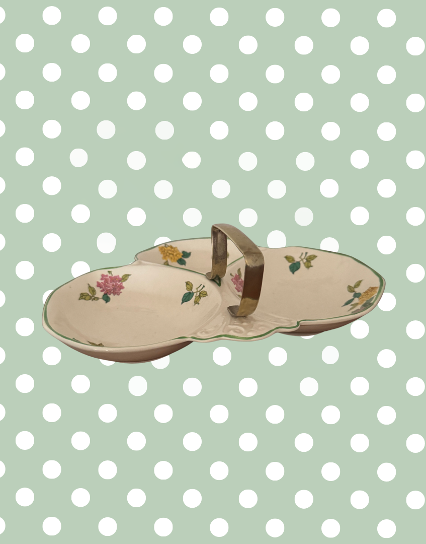 Flosmaron England Vintage Three-Section Floral Serving Dish | Pretty Pink & Yellow Hand-Painted Tableware