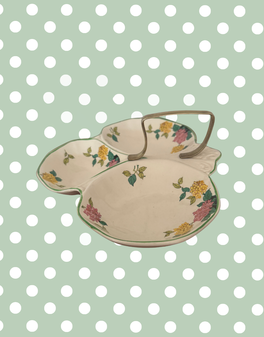 Flosmaron England Vintage Three-Section Floral Serving Dish | Pretty Pink & Yellow Hand-Painted Tableware