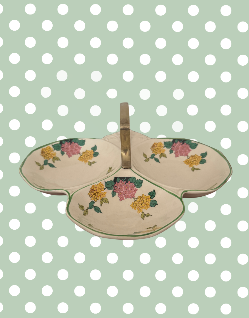 Flosmaron England Vintage Three-Section Floral Serving Dish | Pretty Pink & Yellow Hand-Painted Tableware