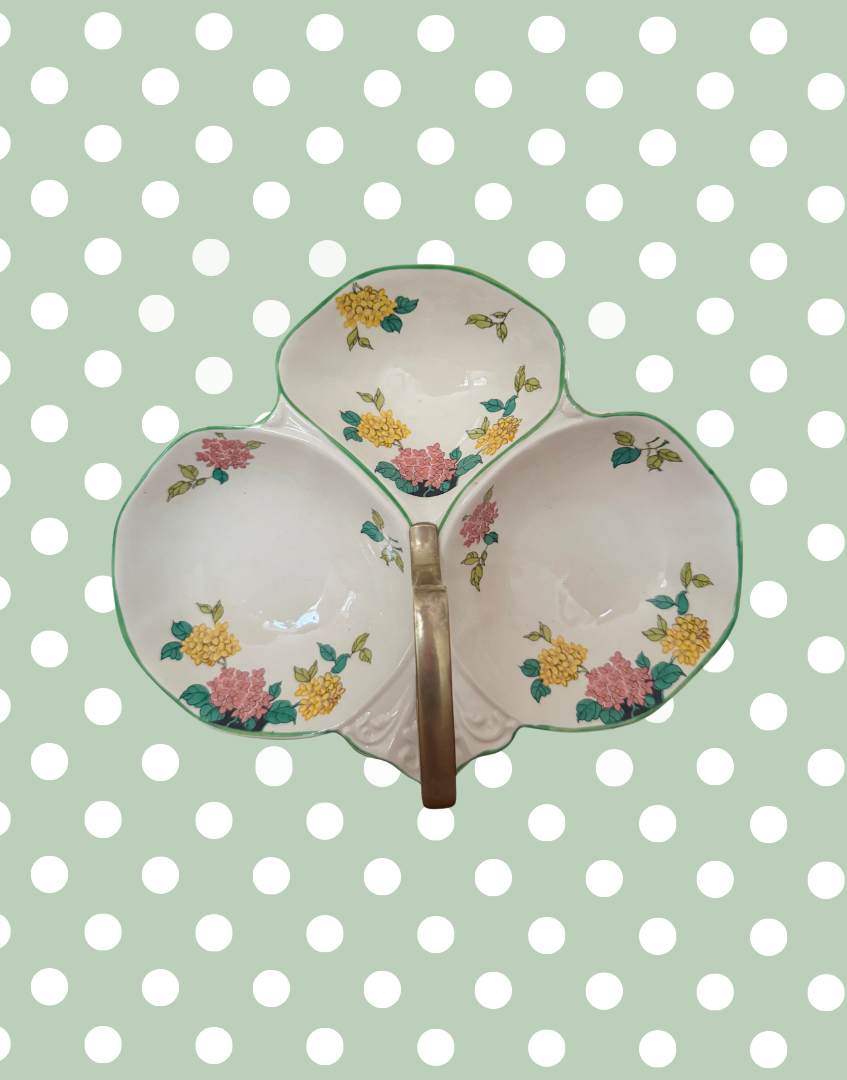 Flosmaron England Vintage Three-Section Floral Serving Dish | Pretty Pink & Yellow Hand-Painted Tableware